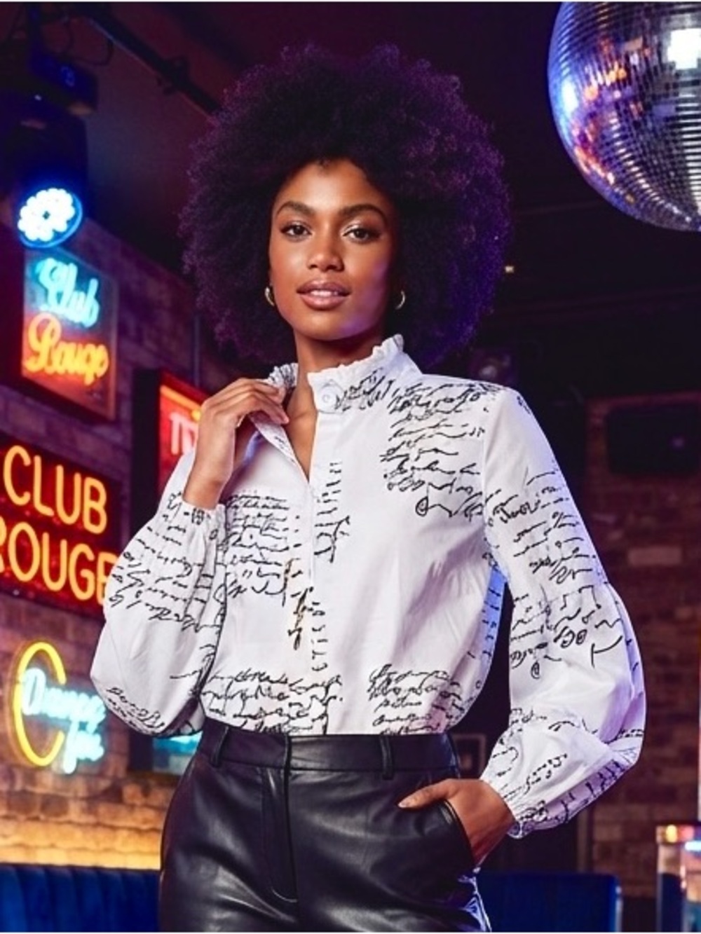 FHQ Collection White Script-Print Ruffle-Collar Blouse with Black Script print